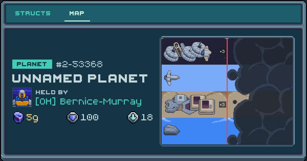 Bernice-Murray's planet at 2-53368, 18 structs deployed. Shield 100, 5g ore.
