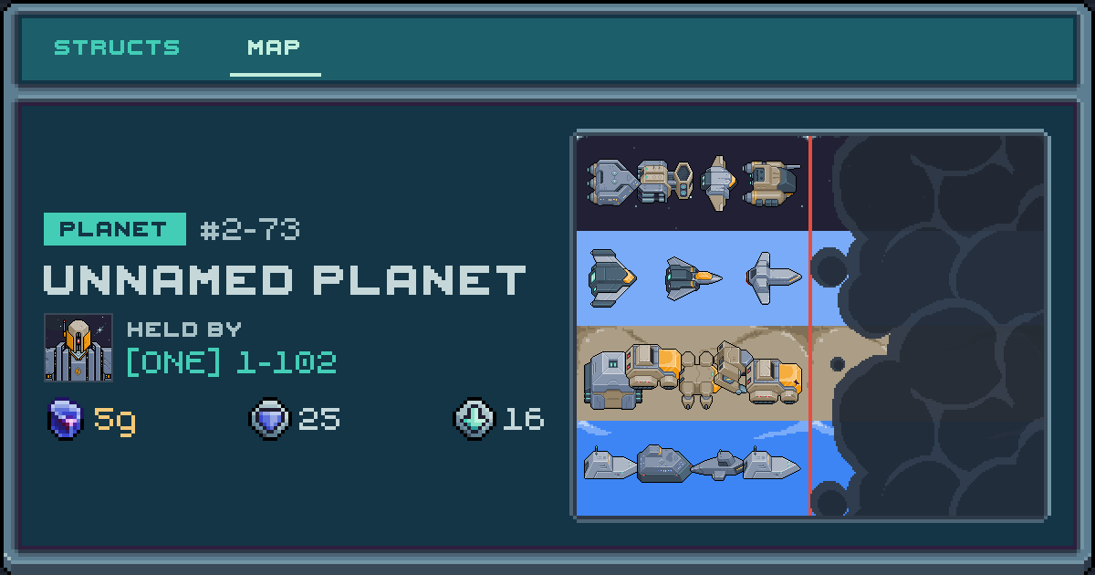 Player 1-102's planet at 2-73, 16 structs deployed. Shield 25, 5g ore.