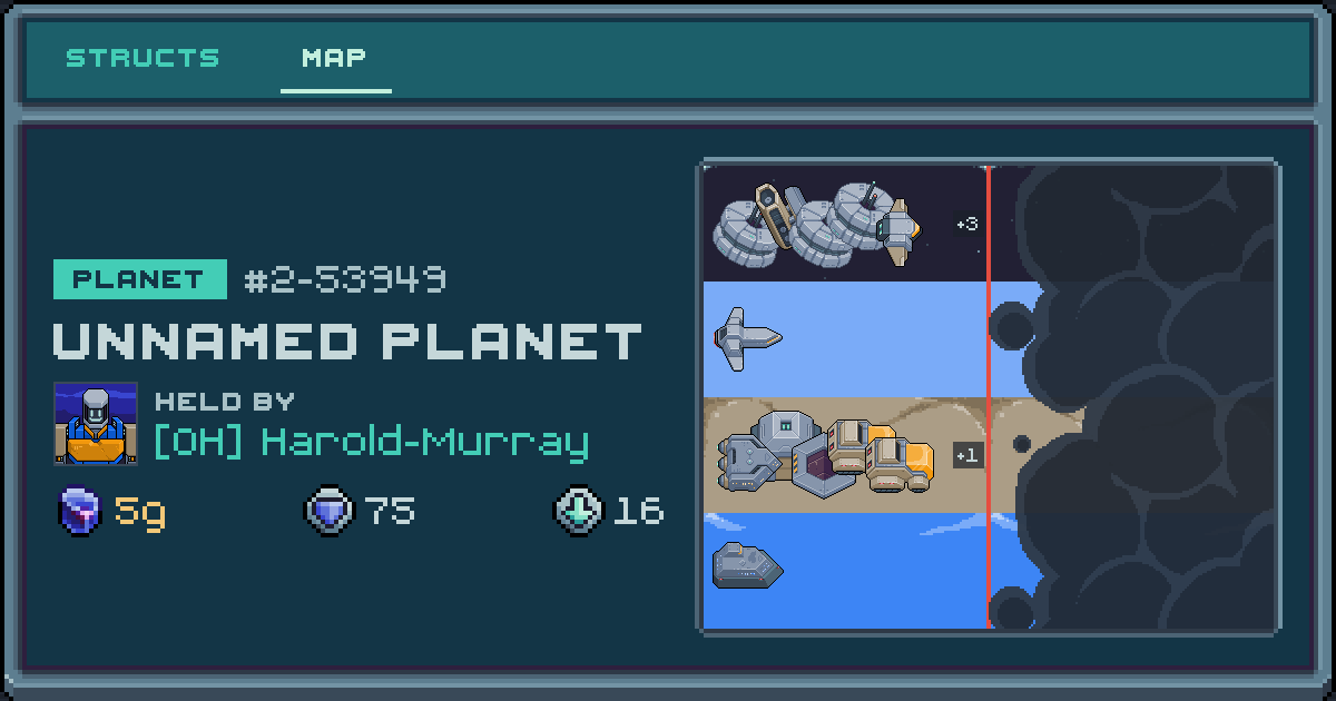 Harold-Murray's planet at 2-53949, 14 structs deployed. Shield 50, 5g ore.
