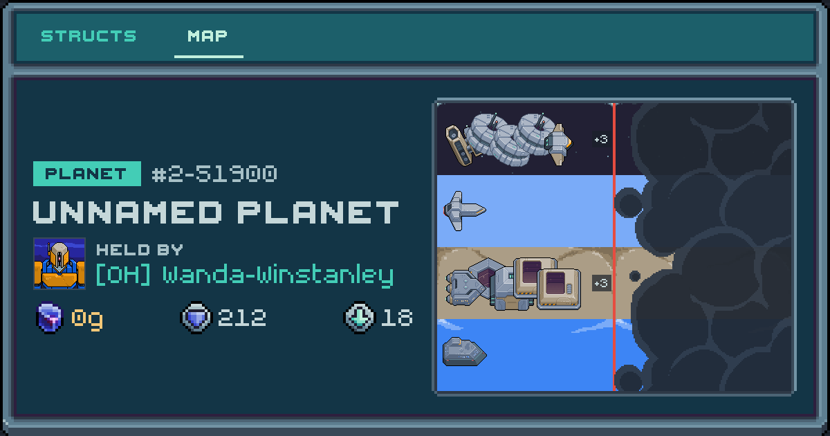 Wanda-Winstanley's planet at 2-51900, 18 structs deployed. Shield 212, 0g ore.