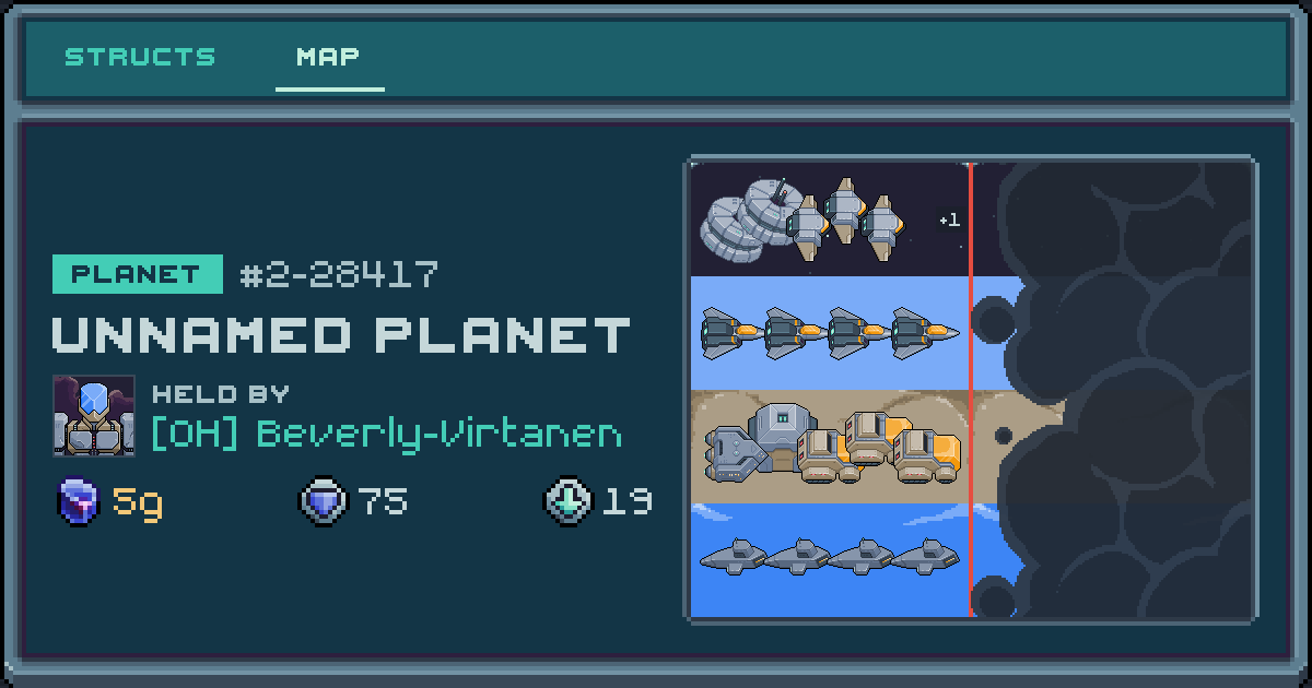Beverly-Virtanen's planet at 2-28417, 19 structs deployed. Shield 75, 5g ore.