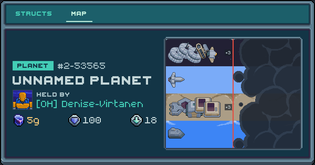 Denise-Virtanen's planet at 2-53565, 18 structs deployed. Shield 75, 5g ore.