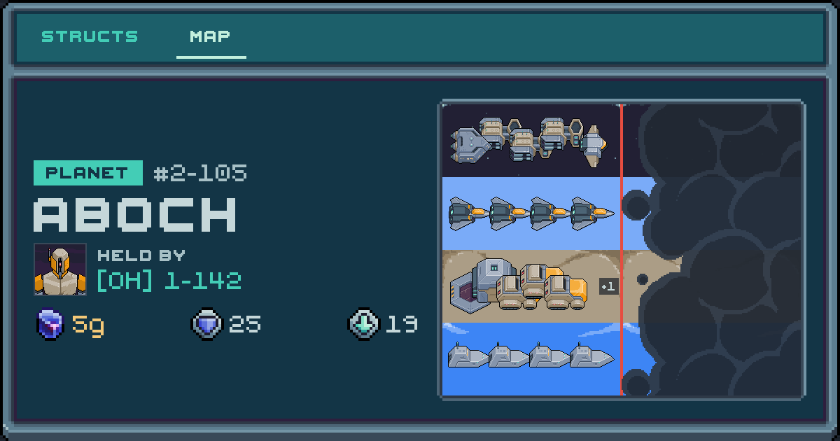 Player 1-142's planet at Aboch (2-105), 19 structs deployed. Shield 25, 5g ore.