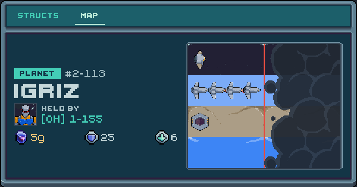 Player 1-155's planet at Igriz (2-113), 6 structs deployed. Shield 25, 5g ore.