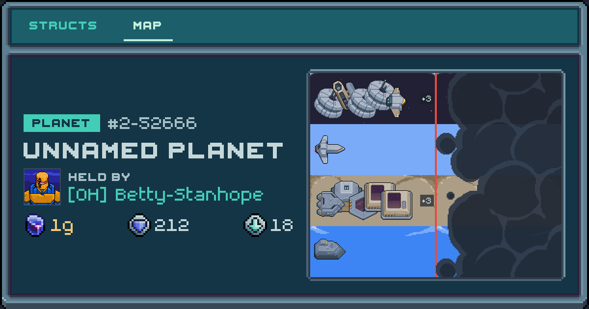 Betty-Stanhope's planet at 2-52666, 18 structs deployed. Shield 212, 2g ore.