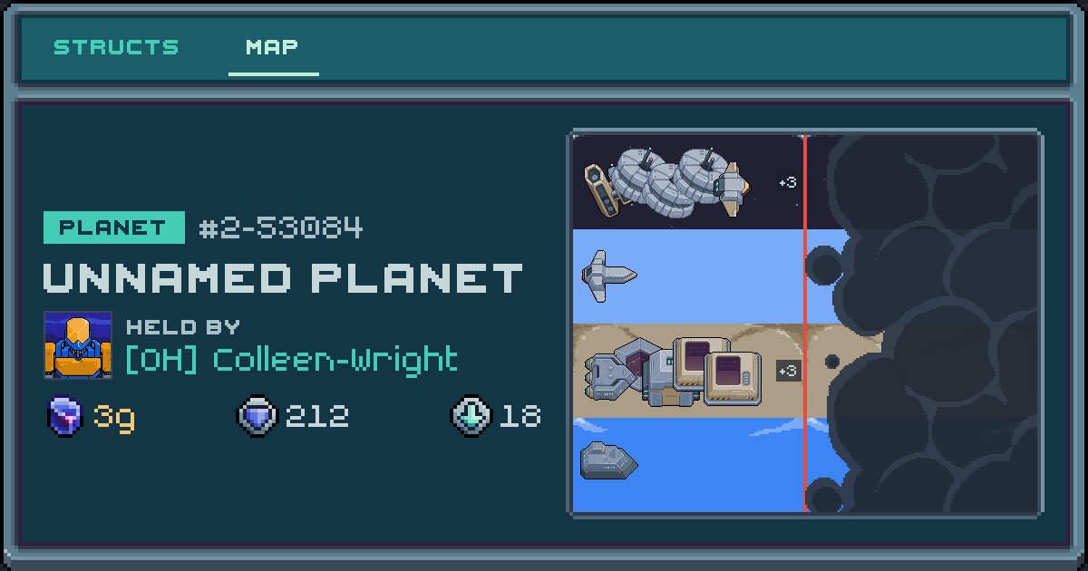 Colleen-Wright's planet at 2-53084, 18 structs deployed. Shield 212, 3g ore.