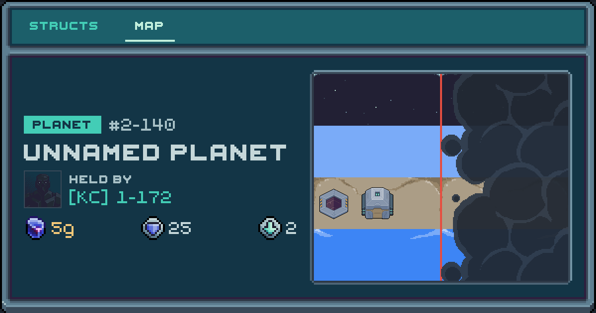 Player 1-172's planet at 2-140, 2 structs deployed. Shield 25, 5g ore.