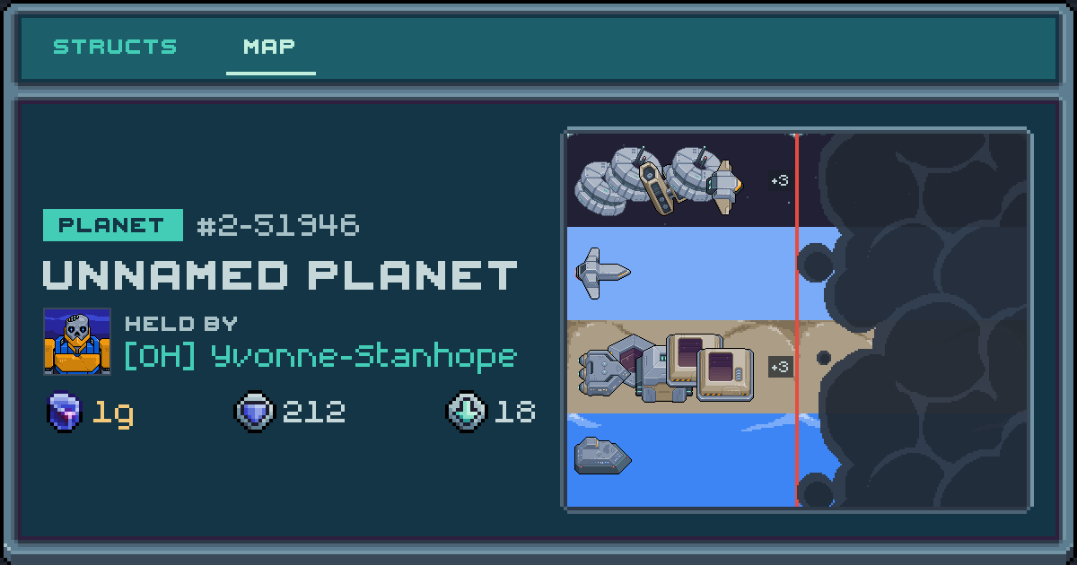 Yvonne-Stanhope's planet at 2-51946, 18 structs deployed. Shield 212, 1g ore.