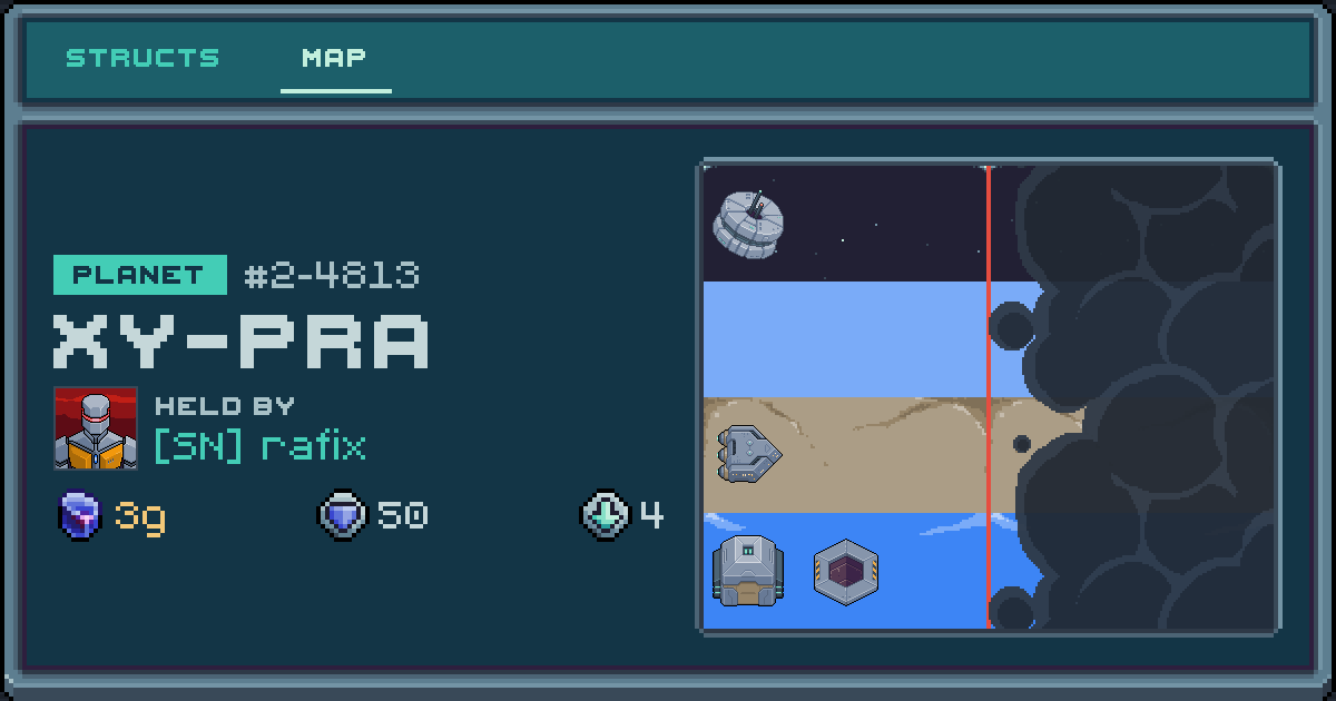 rafix's planet at Xy-pra (2-4813), 4 structs deployed. Shield 50, 3g ore.
