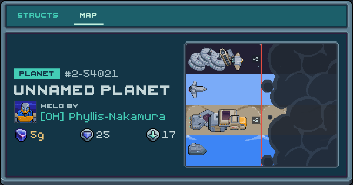 Phyllis-Nakamura's planet at 2-54021, 12 structs deployed. Shield 25, 5g ore.