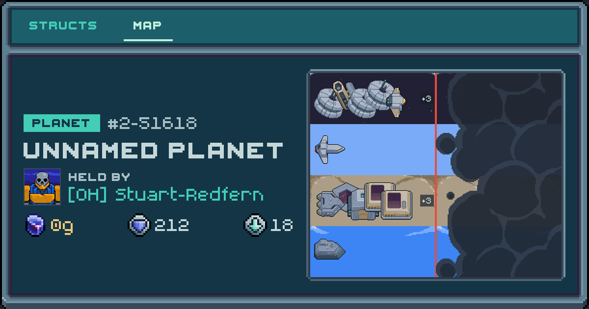 Stuart-Redfern's planet at 2-51618, 18 structs deployed. Shield 212, 0g ore.