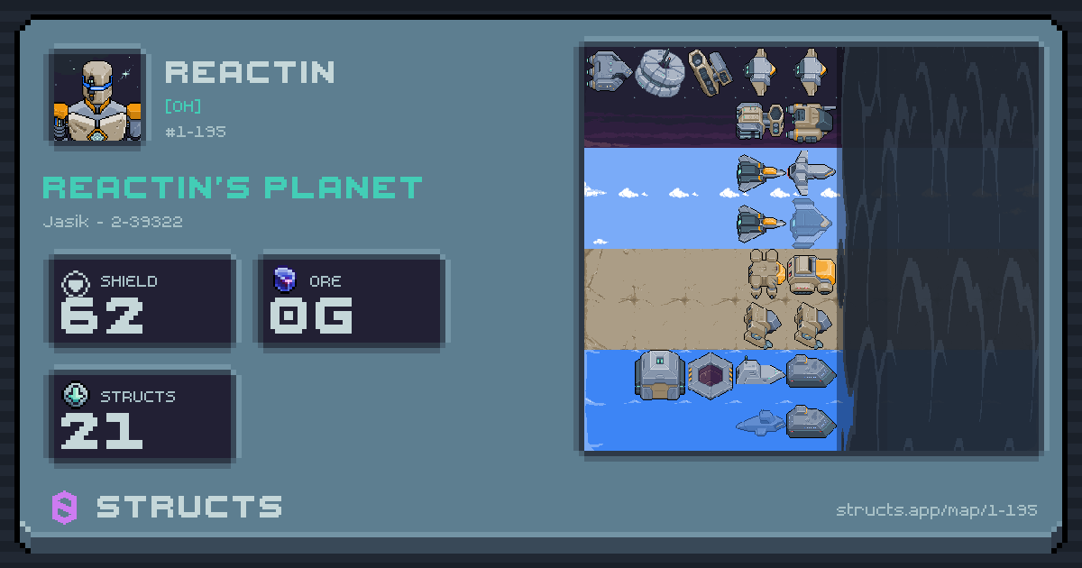 Reactin's planet at Jasik (2-39322), 21 structs deployed. Shield 62, 0g ore.