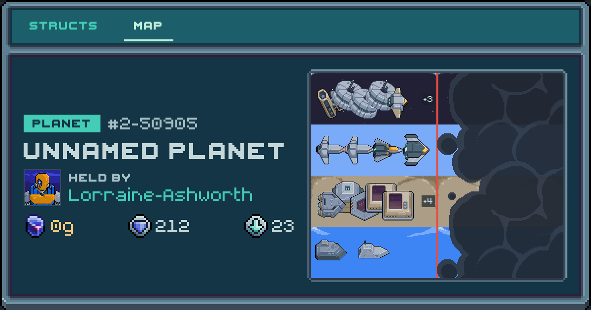Lorraine-Ashworth's planet at 2-50905, 23 structs deployed. Shield 212, 0g ore.
