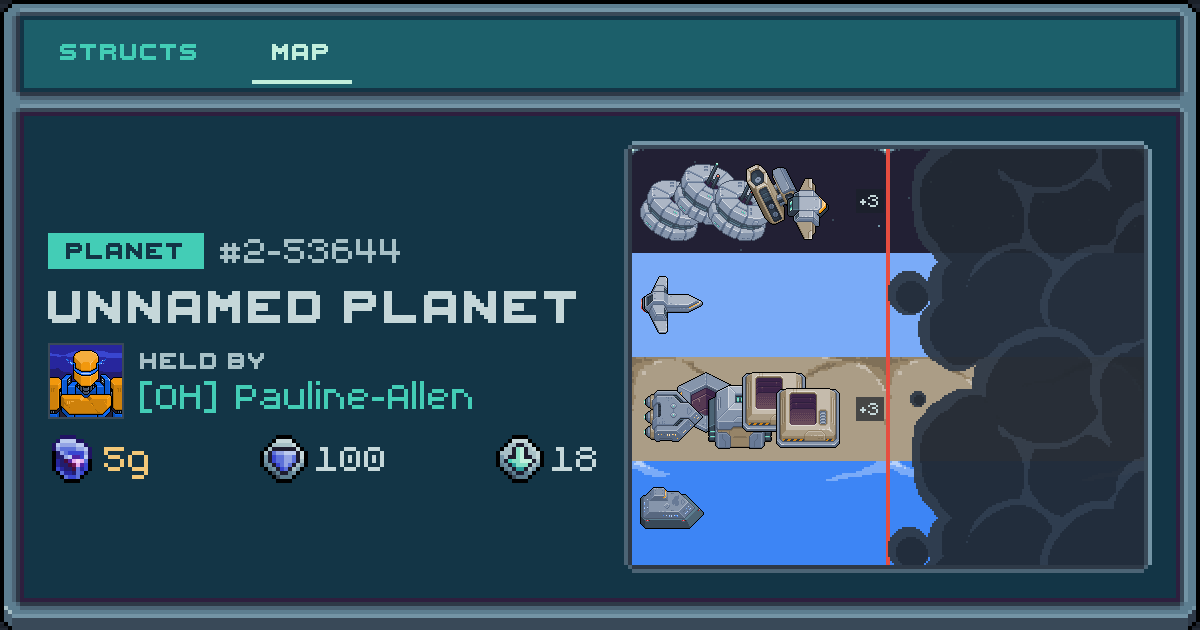 Pauline-Allen's planet at 2-53644, 18 structs deployed. Shield 100, 5g ore.