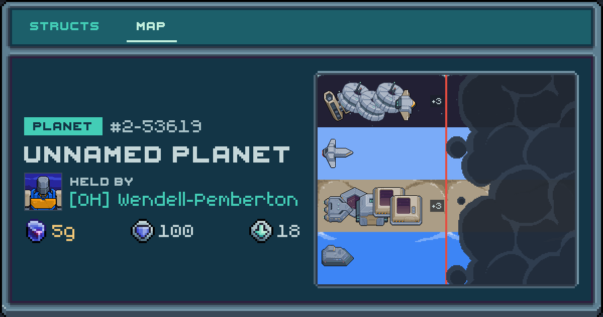 Wendell-Pemberton's planet at 2-53619, 18 structs deployed. Shield 50, 5g ore.