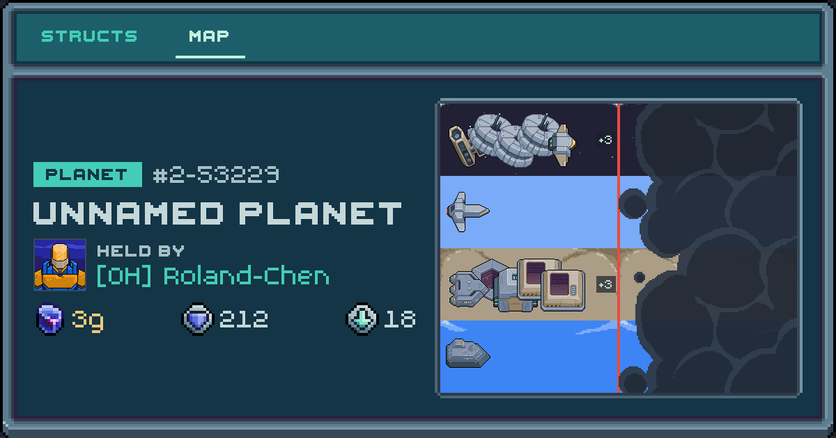 Roland-Chen's planet at 2-53229, 18 structs deployed. Shield 212, 3g ore.