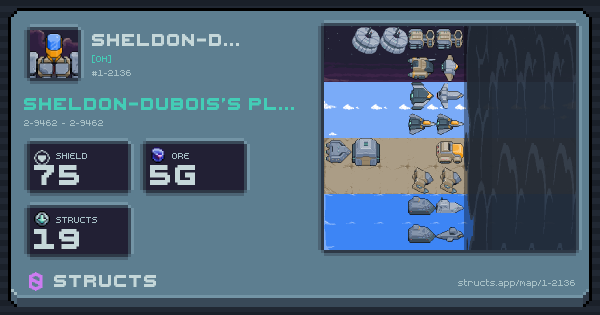 Sheldon-Dubois's planet at 2-9462 (2-9462), 19 structs deployed. Shield 75, 5g ore.