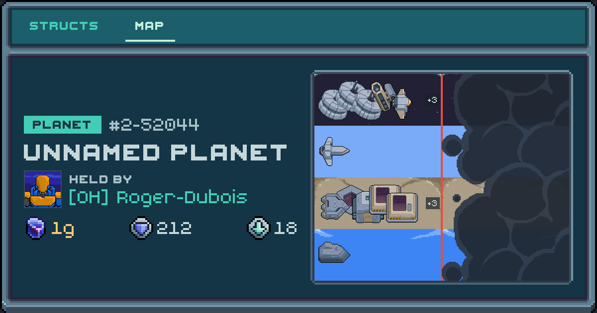 Roger-Dubois's planet at 2-52044, 18 structs deployed. Shield 212, 1g ore.