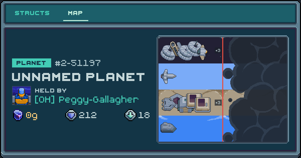 Peggy-Gallagher's planet at 2-51197, 18 structs deployed. Shield 212, 0g ore.