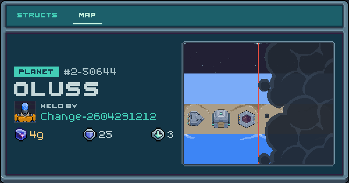 Change-2604291212's planet at Oluss (2-50644), 3 structs deployed. Shield 25, 4g ore.