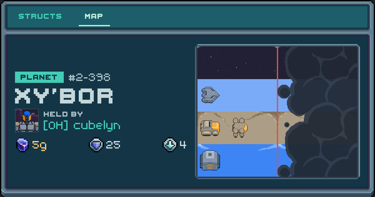 cubelyn's planet at Xy'bor (2-398), 4 structs deployed. Shield 25, 5g ore.