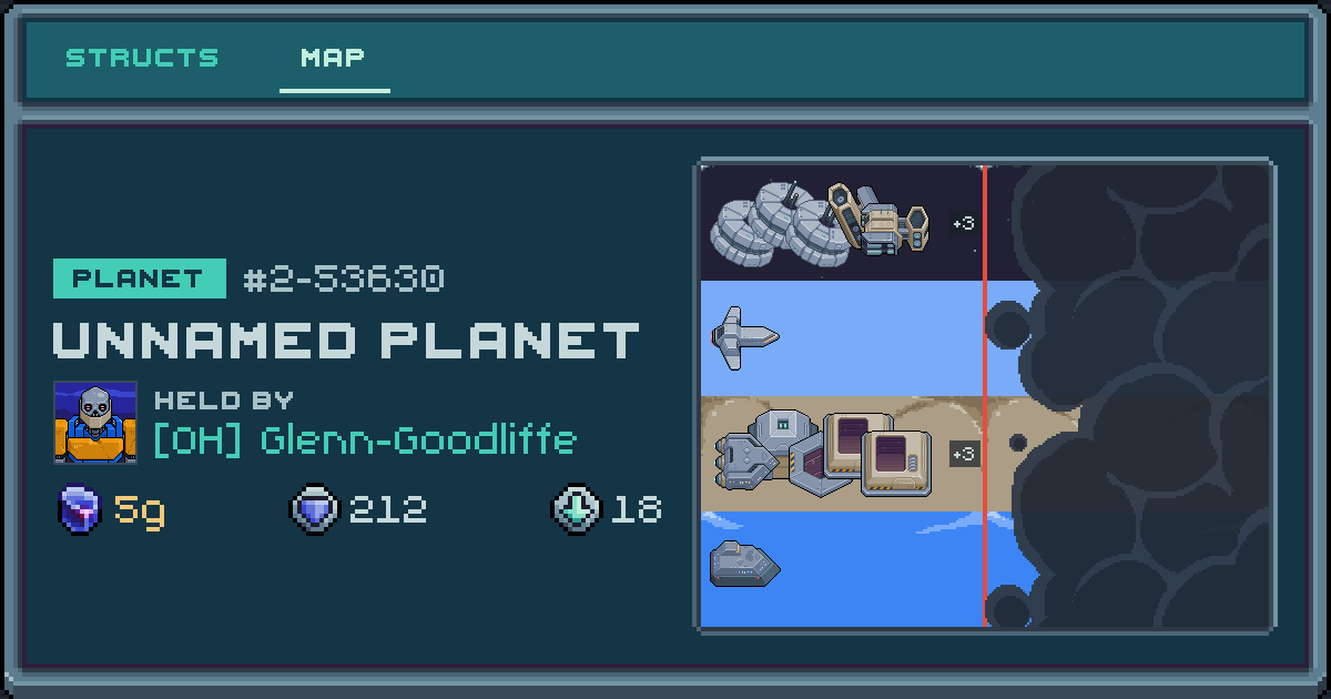 Glenn-Goodliffe's planet at 2-53630, 18 structs deployed. Shield 212, 5g ore.