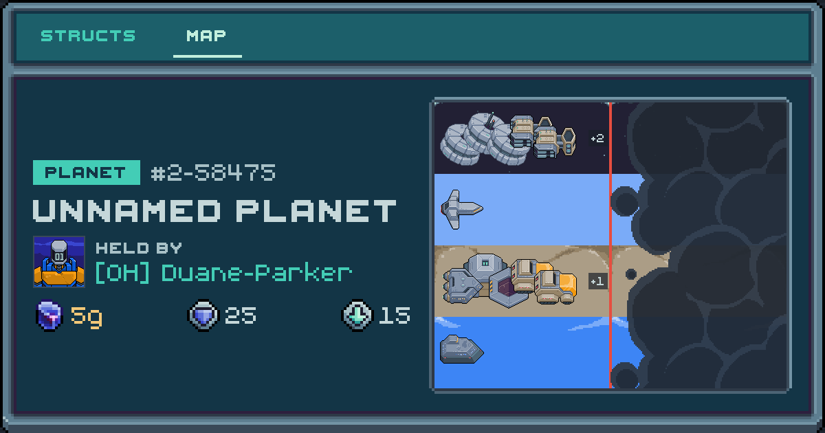 Duane-Parker's planet at 2-58475, 12 structs deployed. Shield 25, 5g ore.