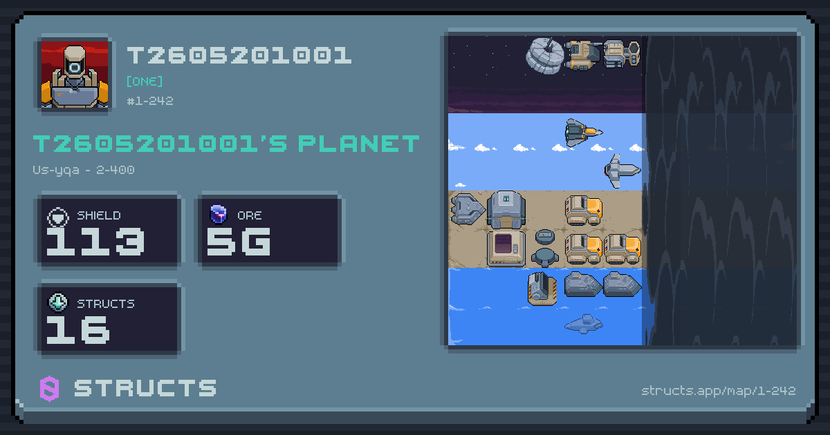 T2605201001's planet at Us-yqa (2-400), 16 structs deployed. Shield 113, 5g ore.