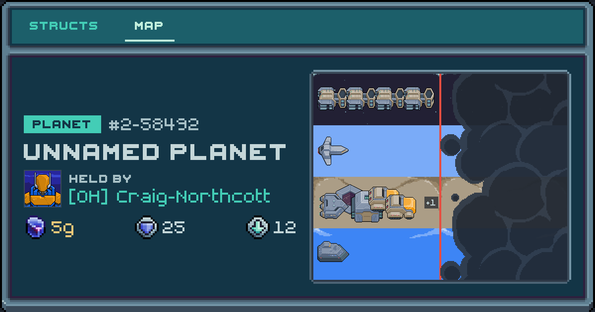 Craig-Northcott's planet at 2-58492, 12 structs deployed. Shield 25, 5g ore.