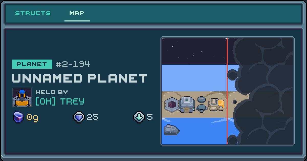 TREY's planet at 2-194, 5 structs deployed. Shield 25, 0g ore.