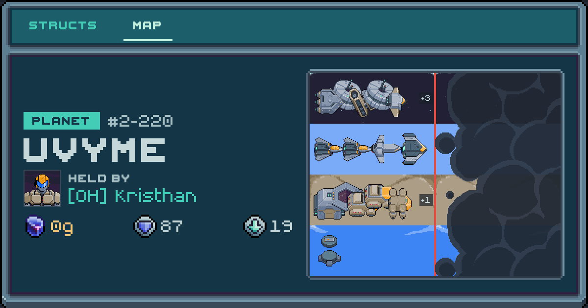 Kristhan's planet at Uvyme (2-220), 19 structs deployed. Shield 87, 0g ore.