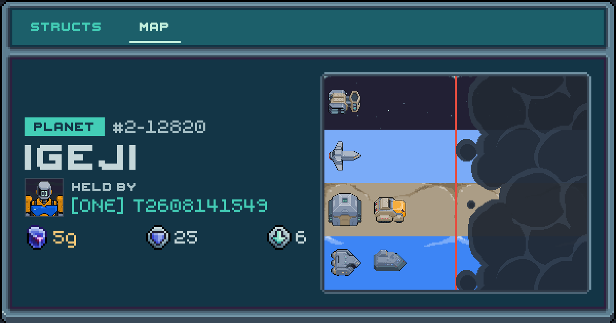 T2608141549's planet at Igeji (2-12820), 6 structs deployed. Shield 25, 5g ore.