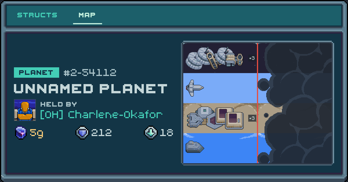 Charlene-Okafor's planet at 2-54112, 18 structs deployed. Shield 212, 5g ore.