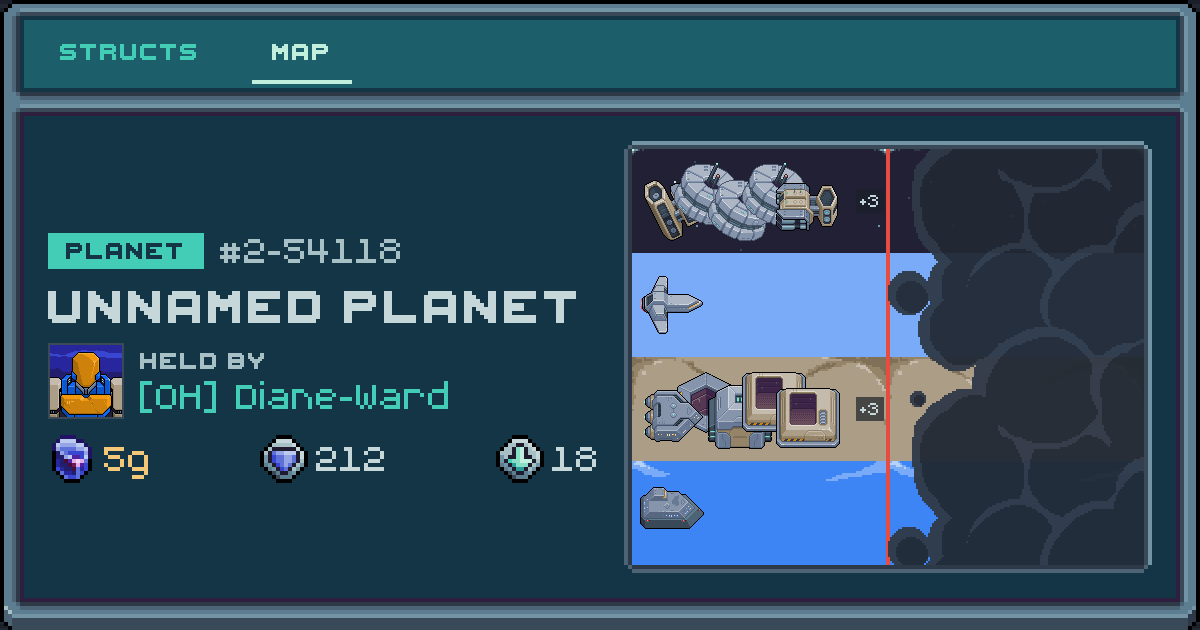 Diane-Ward's planet at 2-54118, 18 structs deployed. Shield 212, 5g ore.