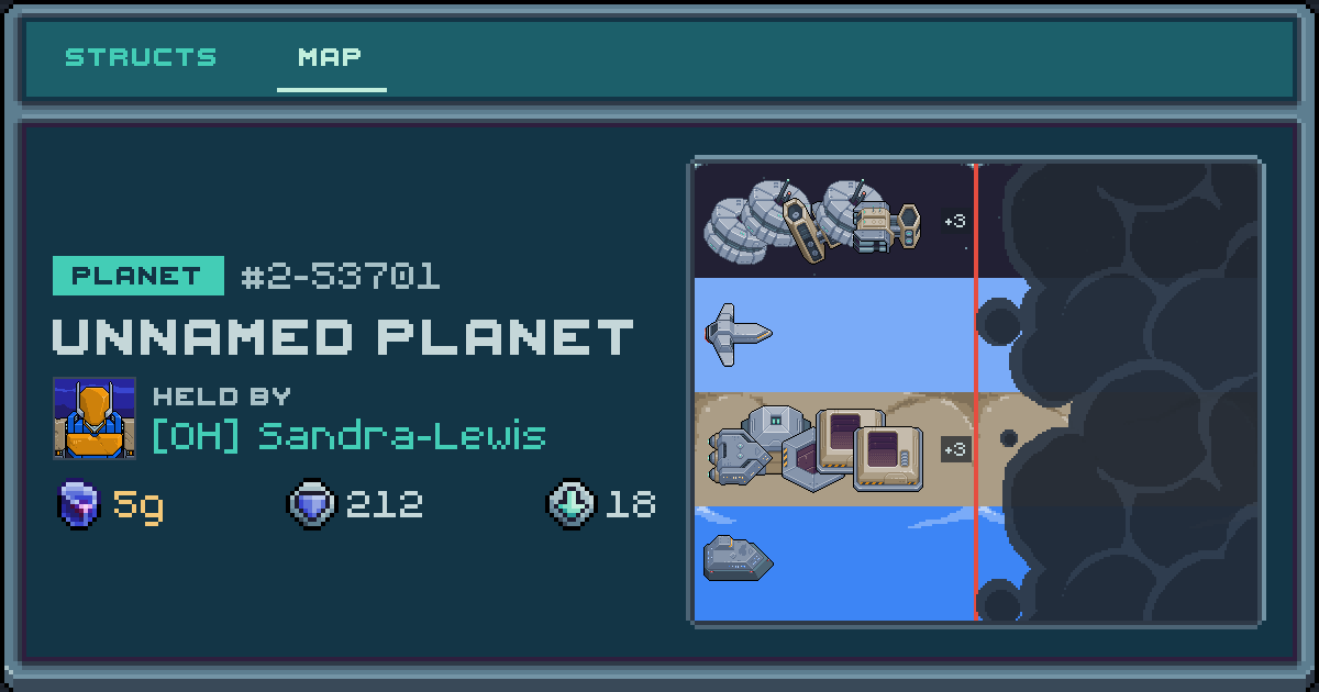 Sandra-Lewis's planet at 2-53701, 18 structs deployed. Shield 212, 5g ore.