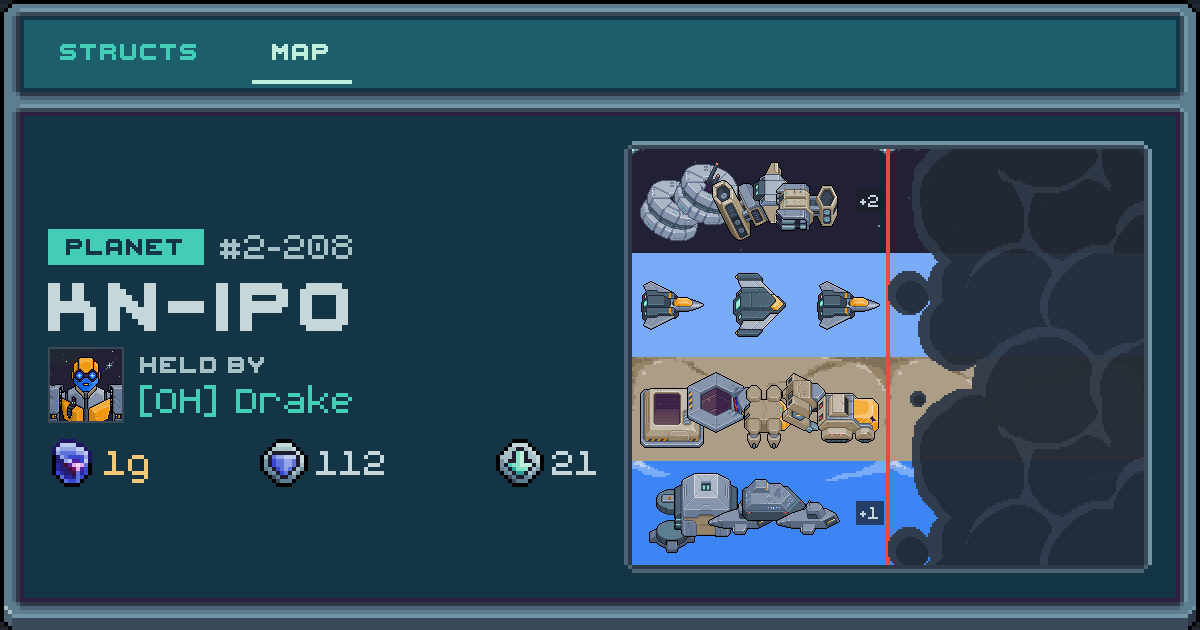 Drake's planet at Kn-ipo (2-208), 21 structs deployed. Shield 112, 1g ore.