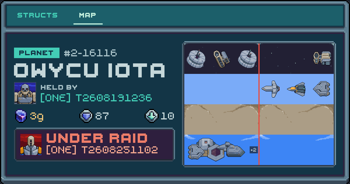 T2608191236's planet at Owycu Iota (2-16116), 10 structs deployed. Shield 87, 3g ore. Under raid by T2608251102.
