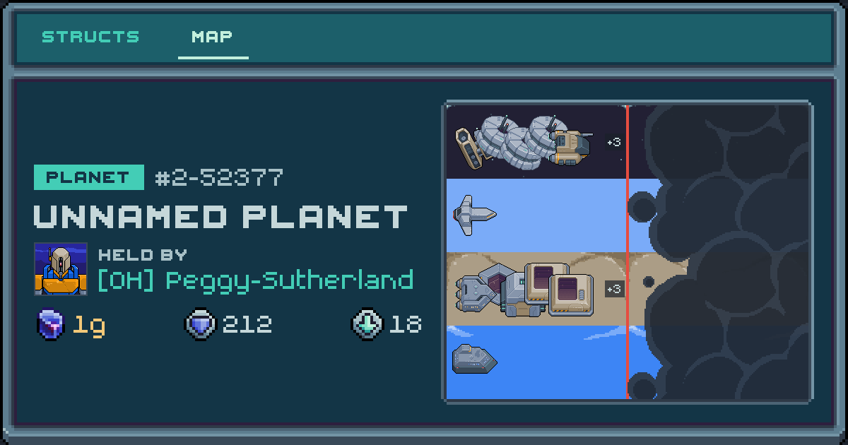 Peggy-Sutherland's planet at 2-52377, 18 structs deployed. Shield 212, 1g ore.