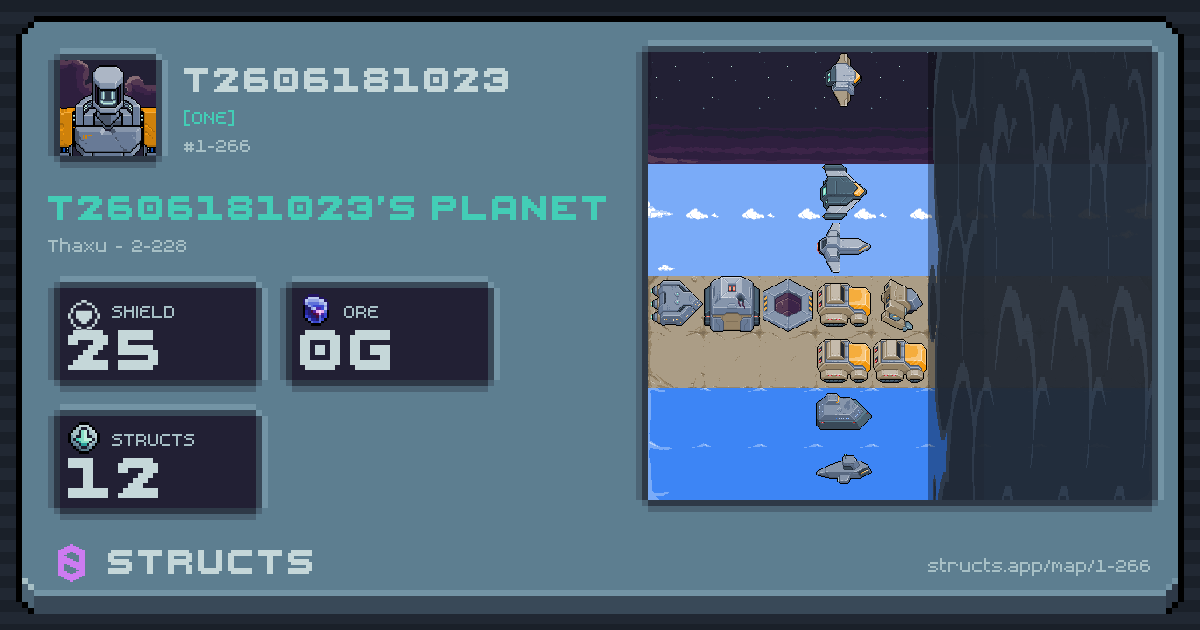T2606181023's planet at Thaxu (2-228), 12 structs deployed. Shield 25, 0g ore.