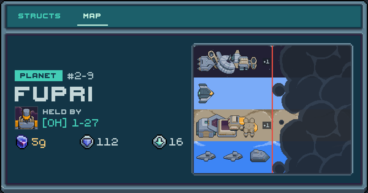 Player 1-27's planet at Fupri (2-9), 16 structs deployed. Shield 112, 5g ore.