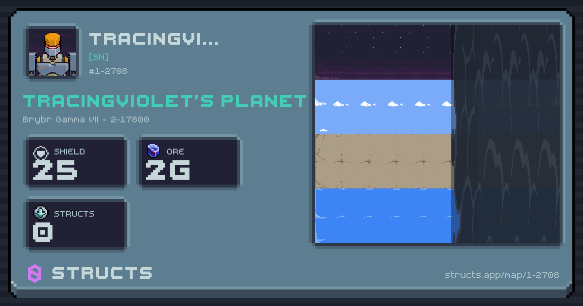 tracingviolet's planet at Brybr Gamma VII (2-17800), 0 structs deployed. Shield 25, 2g ore.