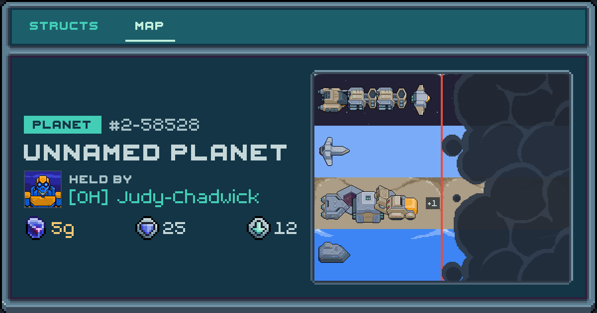 Judy-Chadwick's planet at 2-58528, 11 structs deployed. Shield 25, 5g ore.