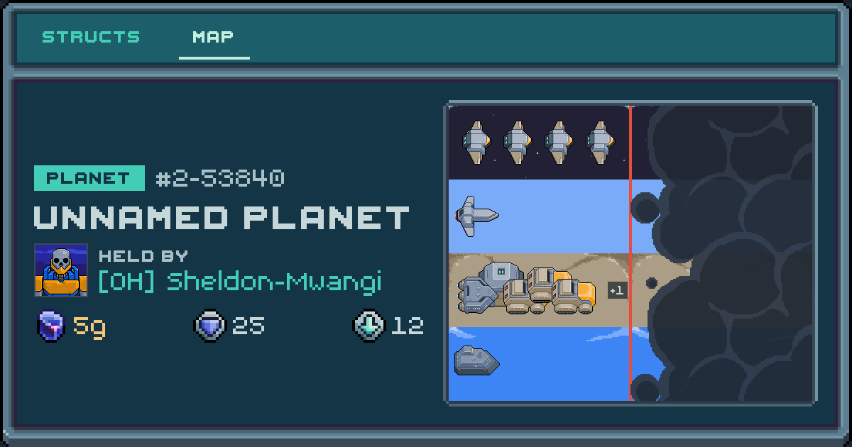 Sheldon-Mwangi's planet at 2-53840, 12 structs deployed. Shield 25, 5g ore.