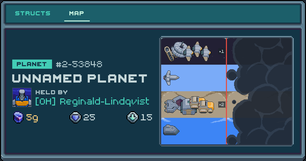Reginald-Lindqvist's planet at 2-53848, 11 structs deployed. Shield 25, 5g ore.