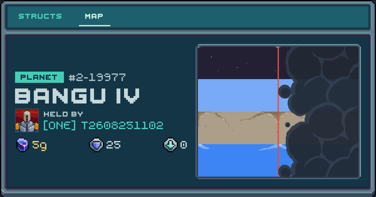 T2608251102's planet at Bangu IV (2-19977), 0 structs deployed. Shield 25, 5g ore.
