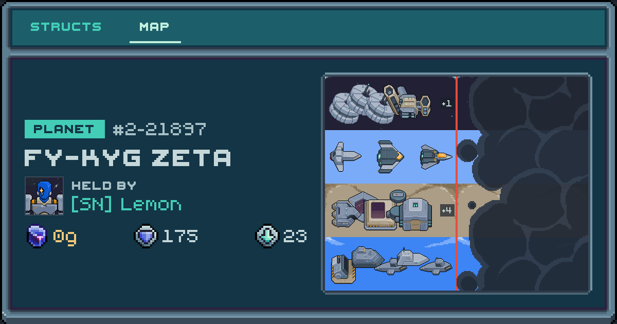 Lemon's planet at Fy-kyg Zeta (2-21897), 23 structs deployed. Shield 175, 0g ore.