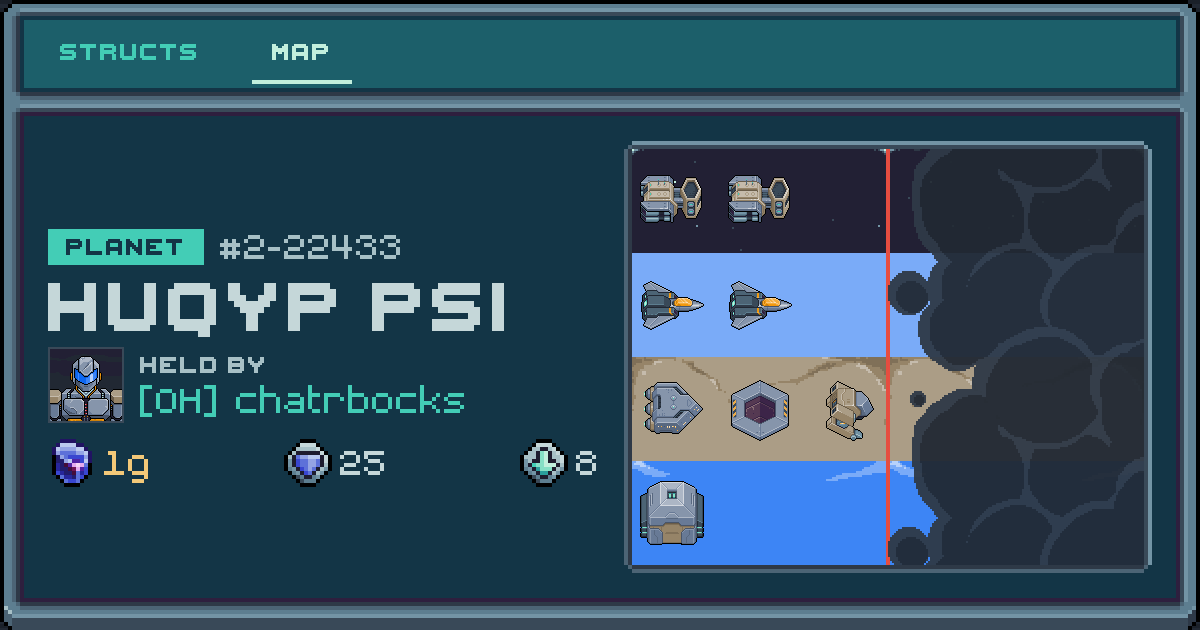 chatrbocks's planet at Huqyp Psi (2-22433), 8 structs deployed. Shield 25, 1g ore.