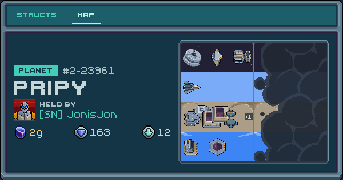 JonisJon's planet at Pripy (2-23961), 12 structs deployed. Shield 163, 2g ore.