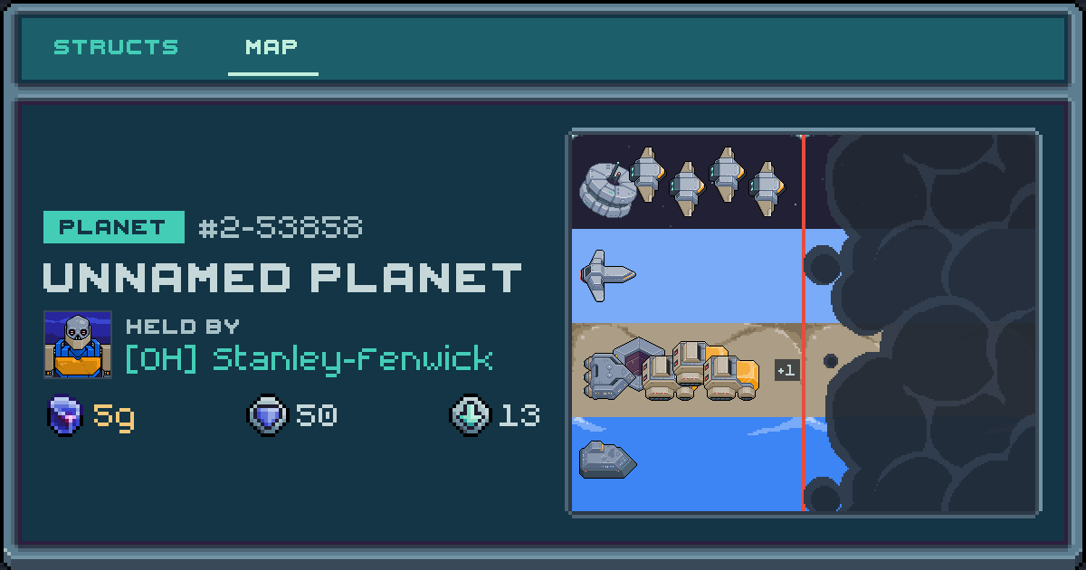 Stanley-Fenwick's planet at 2-53858, 12 structs deployed. Shield 25, 5g ore.