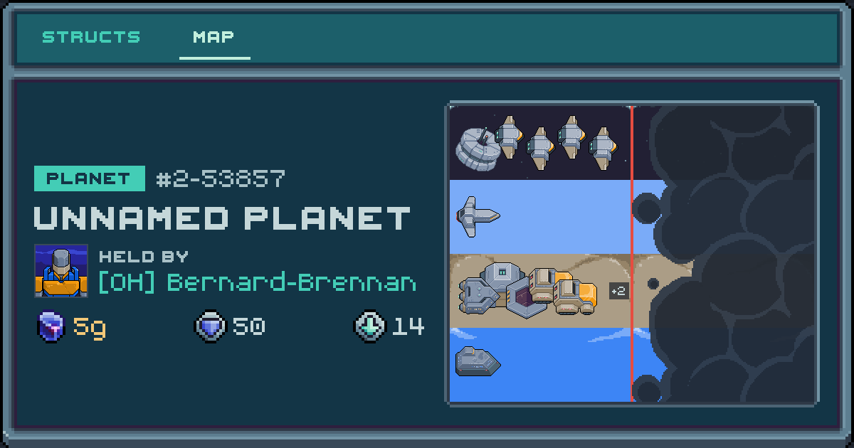 Bernard-Brennan's planet at 2-53857, 11 structs deployed. Shield 25, 5g ore.